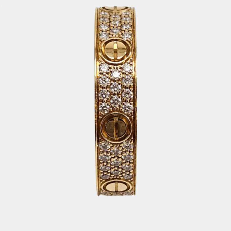 Pre Owned Cartier Love Paved Diamond and 18K Yellow Gold Band Ring EU 50