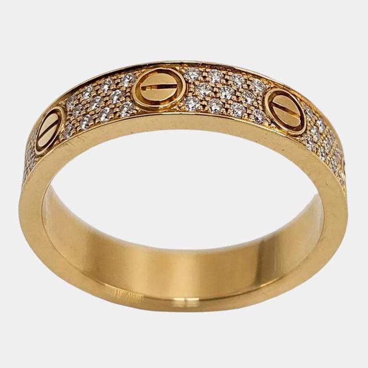 Pre Owned Cartier Love Paved Diamond and 18K Yellow Gold Band Ring EU 50