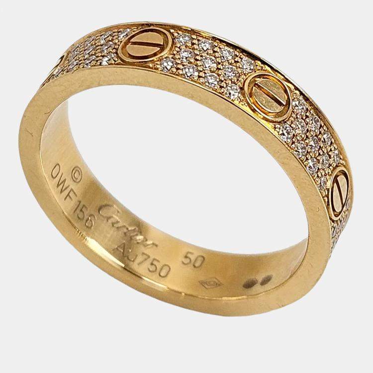 Pre Owned Cartier Love Paved Diamond and 18K Yellow Gold Band Ring EU 50
