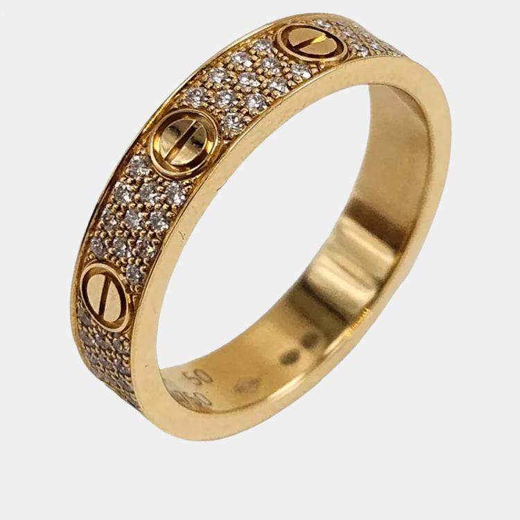 Pre Owned Cartier Love Paved Diamond and 18K Yellow Gold Band Ring EU 50