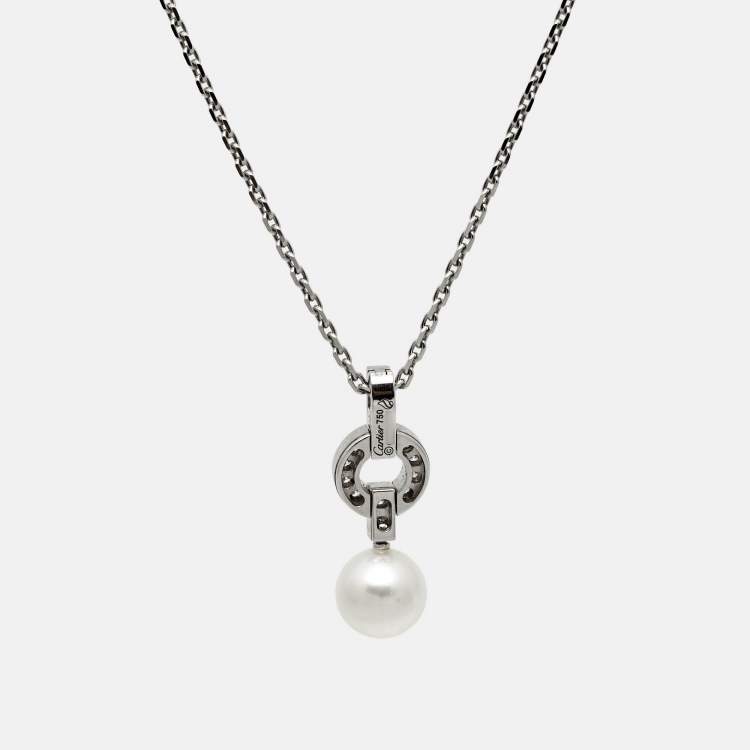 Pre Owned Cartier Himalia Diamonds Cultured Pearl 18k White Gold Pendant Necklace