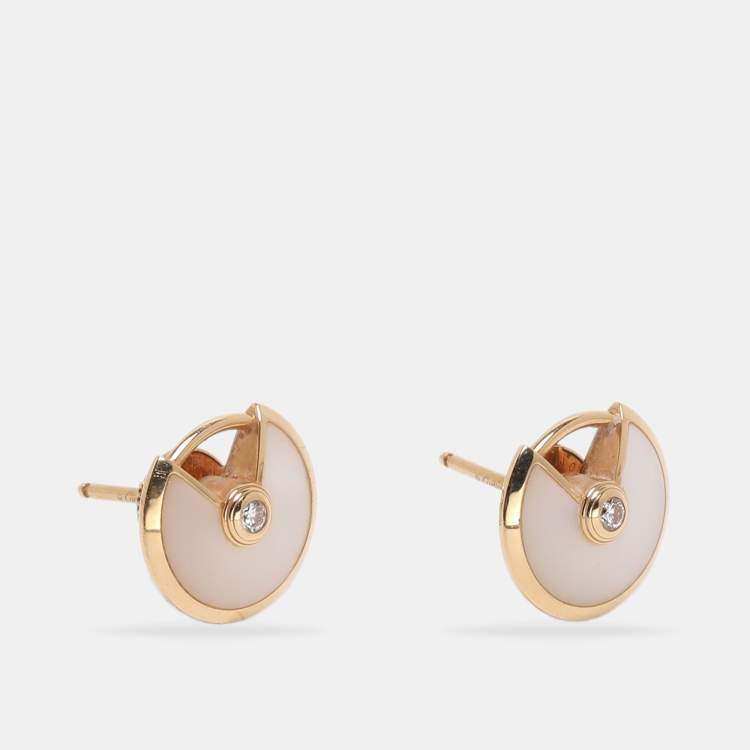 Pre Owned Cartier Amulette De Cartier Mother of Pearl Diamond 18k Yellow Gold Stud Earrings