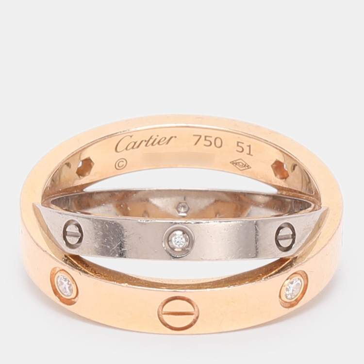 Pre Owned Cartier Love 2 Diamond 18K Rose Gold/White Gold Double Band Ring Size 51