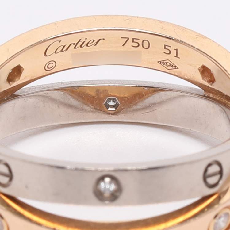 Pre Owned Cartier Love 2 Diamond 18K Rose Gold/White Gold Double Band Ring Size 51