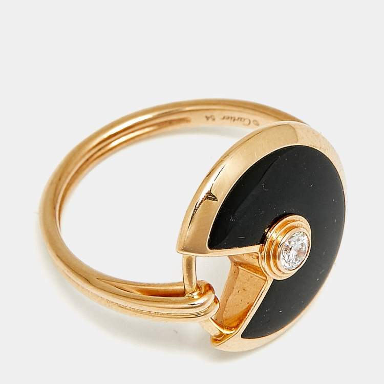 Pre Owned Cartier Amulette De Cartier Onyx Diamond 18k Rose Gold Ring Size 54
