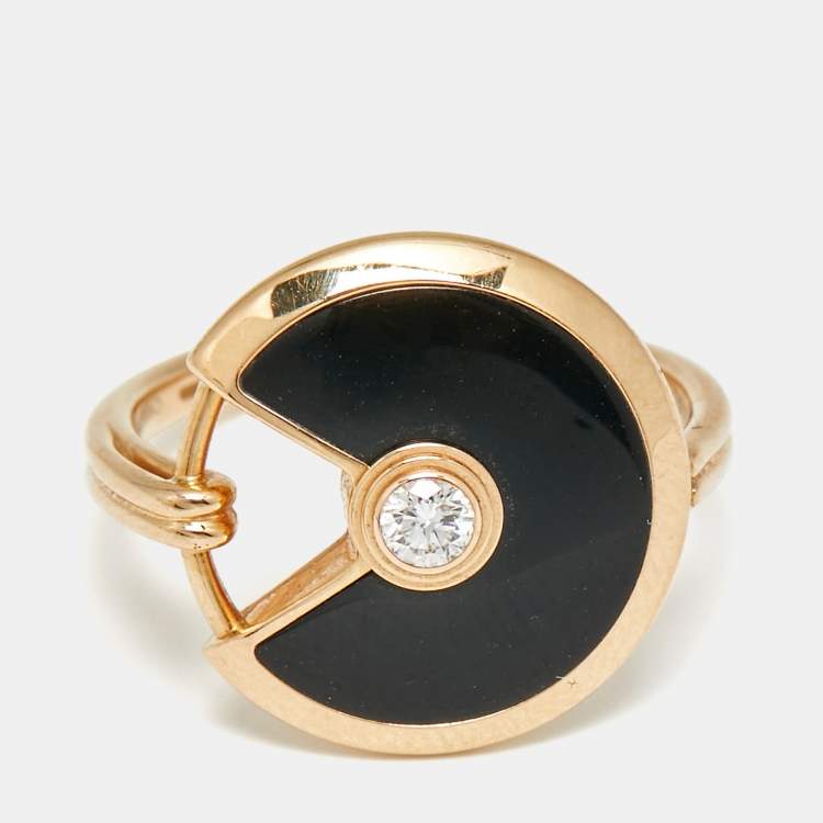 Pre Owned Cartier Amulette De Cartier Onyx Diamond 18k Rose Gold Ring Size 54