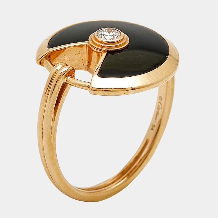 Pre Owned Cartier Amulette De Cartier Onyx Diamond 18k Rose Gold Ring Size 54