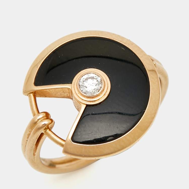 Pre Owned Cartier Amulette De Cartier Onyx Diamond 18k Rose Gold Ring Size 54