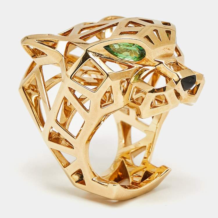 Pre Owned Cartier Panthere De Cartier Multi Gemstones 18k Yellow Gold Ring Size 52