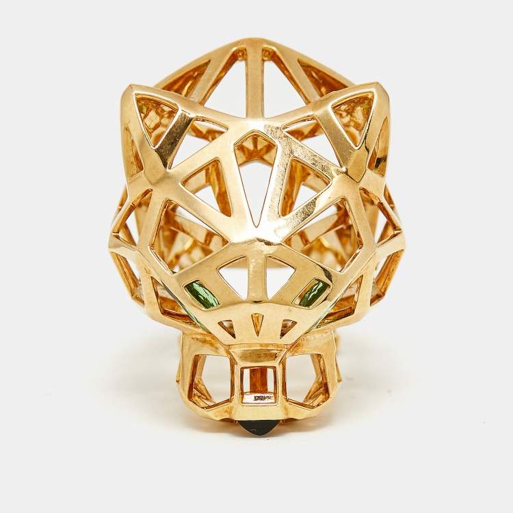 Pre Owned Cartier Panthere De Cartier Multi Gemstones 18k Yellow Gold Ring Size 52
