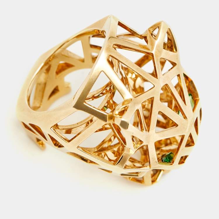Pre Owned Cartier Panthere De Cartier Multi Gemstones 18k Yellow Gold Ring Size 52
