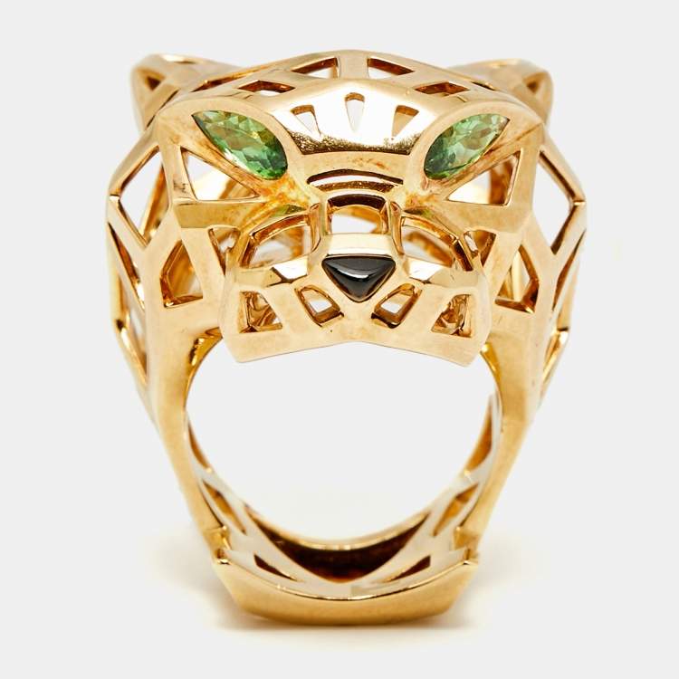 Pre Owned Cartier Panthere De Cartier Multi Gemstones 18k Yellow Gold Ring Size 52