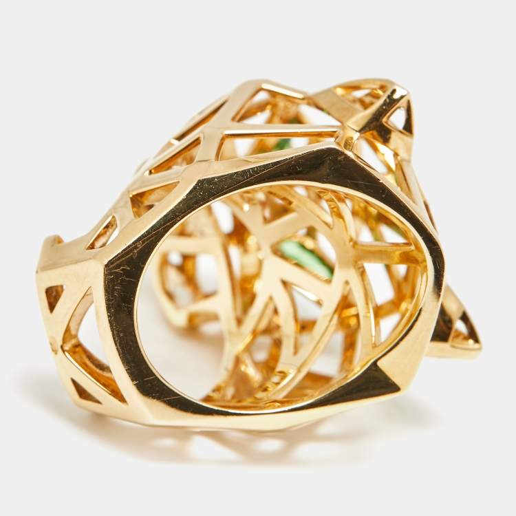 Pre Owned Cartier Panthere De Cartier Multi Gemstones 18k Yellow Gold Ring Size 52