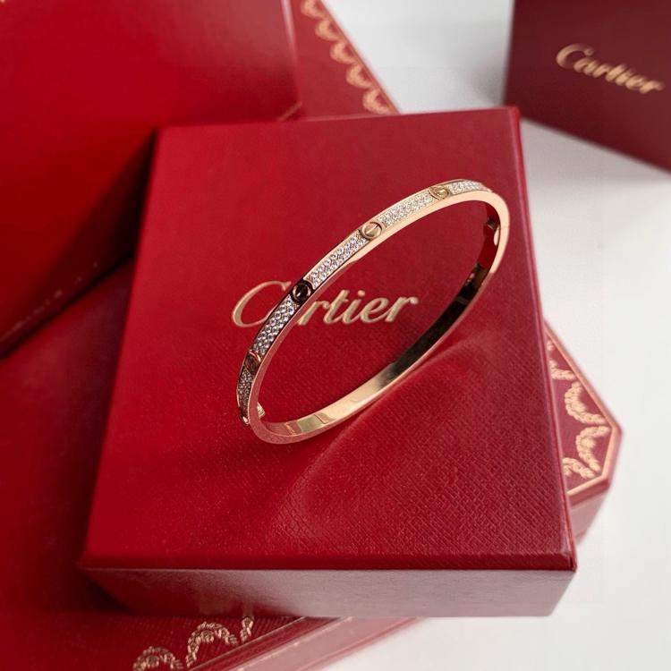Pre Owned Cartier Love Narrow Bracelet 18K Rose Gold Diamond Set size 18
