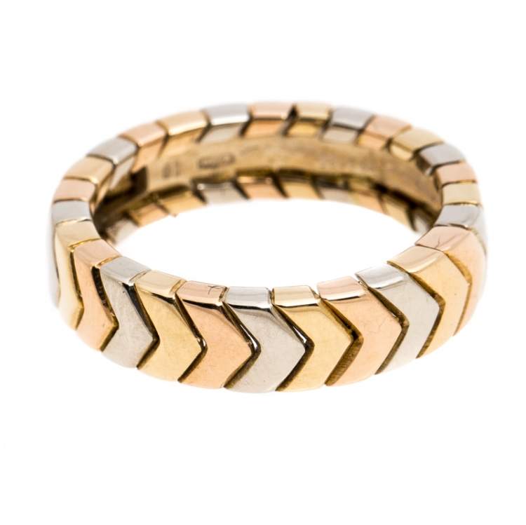 Pre Owned Cartier Chevron Three Tone 18K Gold Band Ring Size 51