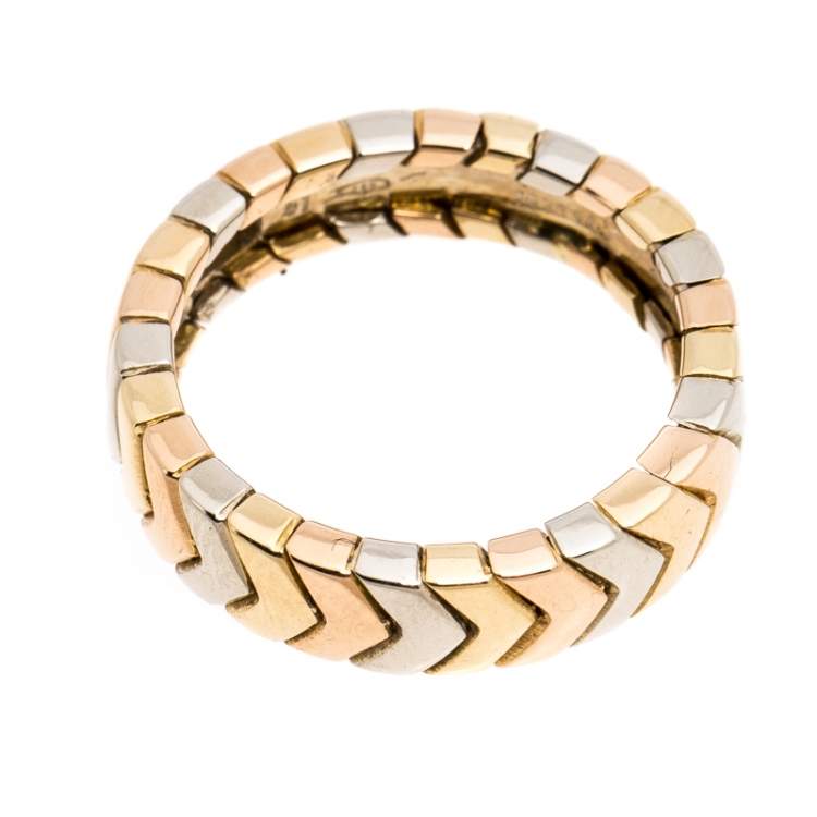 Pre Owned Cartier Chevron Three Tone 18K Gold Band Ring Size 51