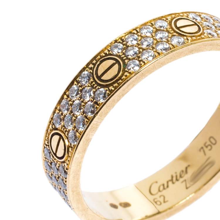 Pre Owned Cartier Love Pave Diamond 18K Yellow Gold Wedding Band Ring Size 62