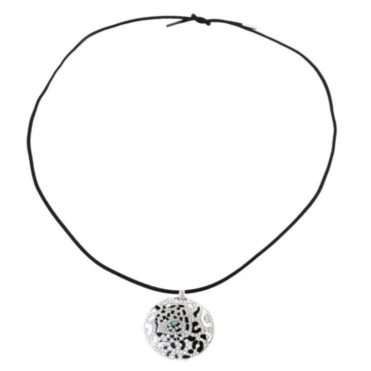 Pre Owned Cartier Panther Diamond Emerald Openwork Disc Pendant Black Cord Necklace