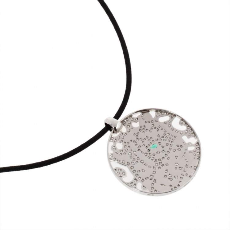 Pre Owned Cartier Panther Diamond Emerald Openwork Disc Pendant Black Cord Necklace