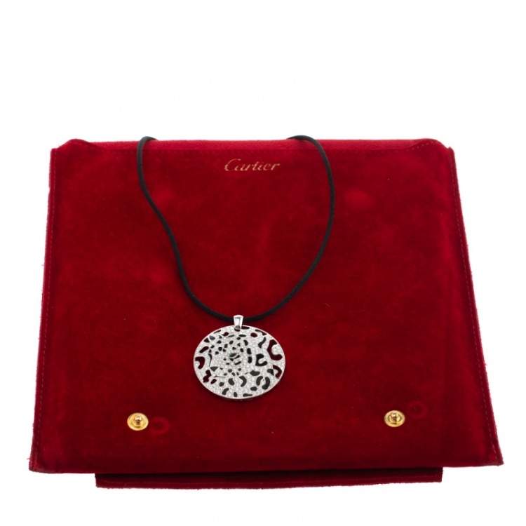 Pre Owned Cartier Panther Diamond Emerald Openwork Disc Pendant Black Cord Necklace