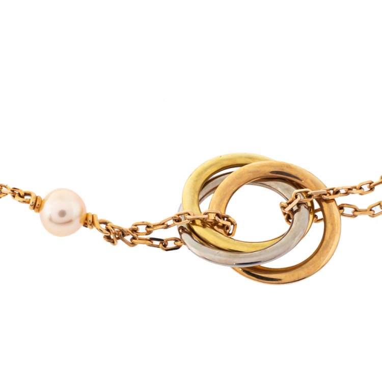 Pre Owned Cartier Trinity Cultured Pearl 18K Three Tone Gold Station Bracelet