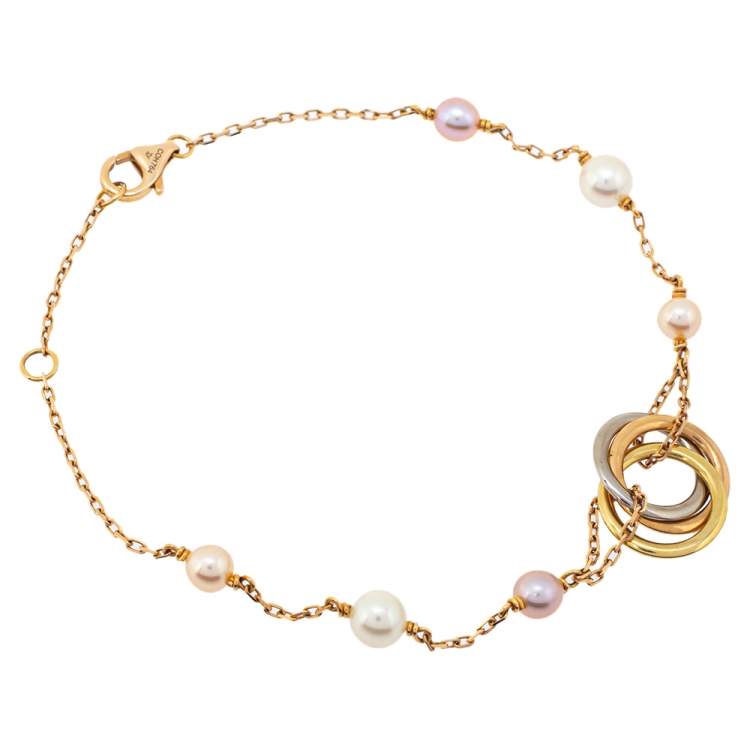 Pre Owned Cartier Trinity Cultured Pearl 18K Three Tone Gold Station Bracelet