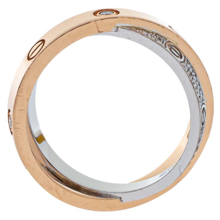 Pre Owned Cartier Love Diamond 18K Two Tone Gold Double Band Ring Size 51
