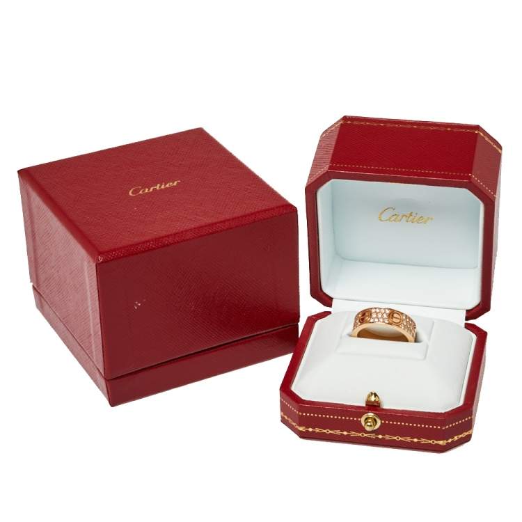 Pre Owned Cartier Love Diamond Paved 18K Rose Gold Ring Size 55