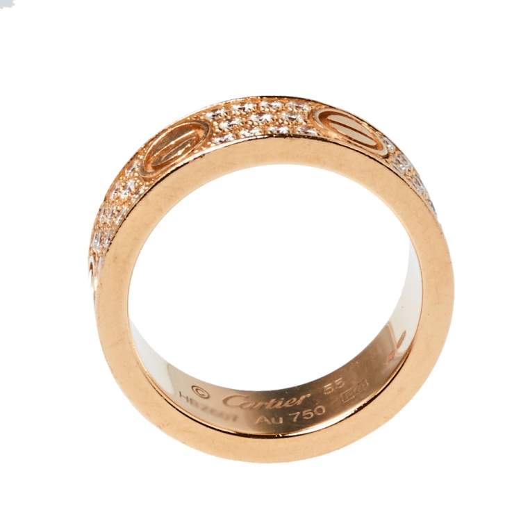 Pre Owned Cartier Love Diamond Paved 18K Rose Gold Ring Size 55