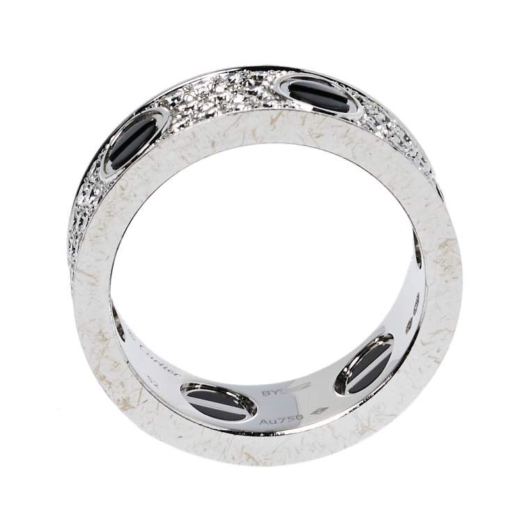Pre Owned Cartier Love Ceramic Diamond Paved 18K White Gold Ring Size 52