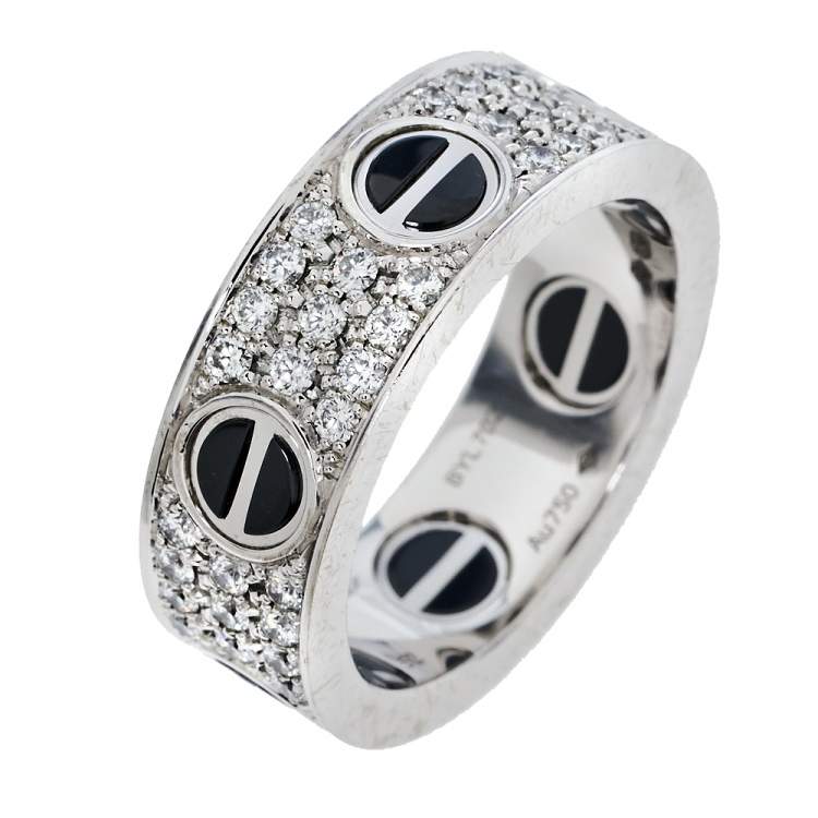 Pre Owned Cartier Love Ceramic Diamond Paved 18K White Gold Ring Size 52