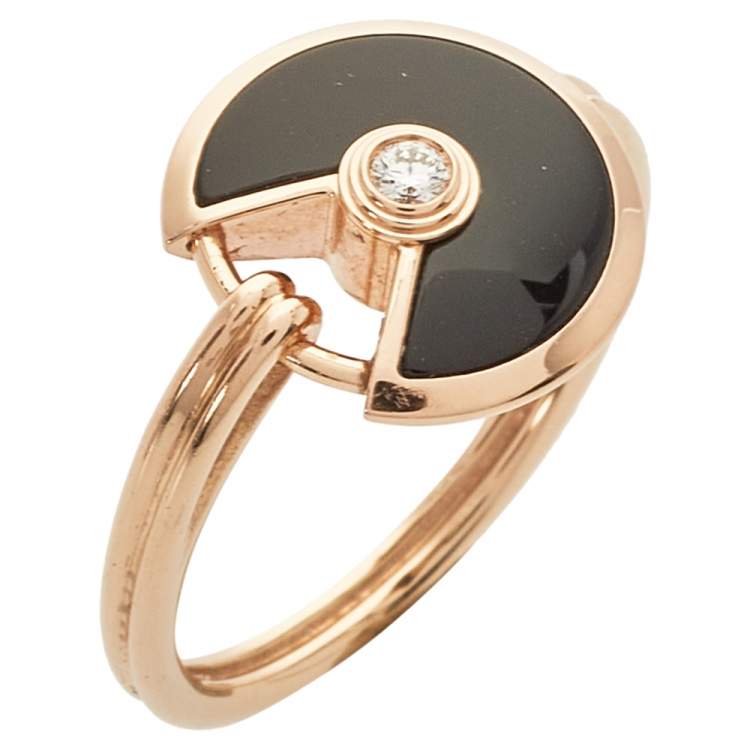 Pre Owned Cartier Amulette de Cartier Diamond Onyx 18K Rose Gold Ring Size 50