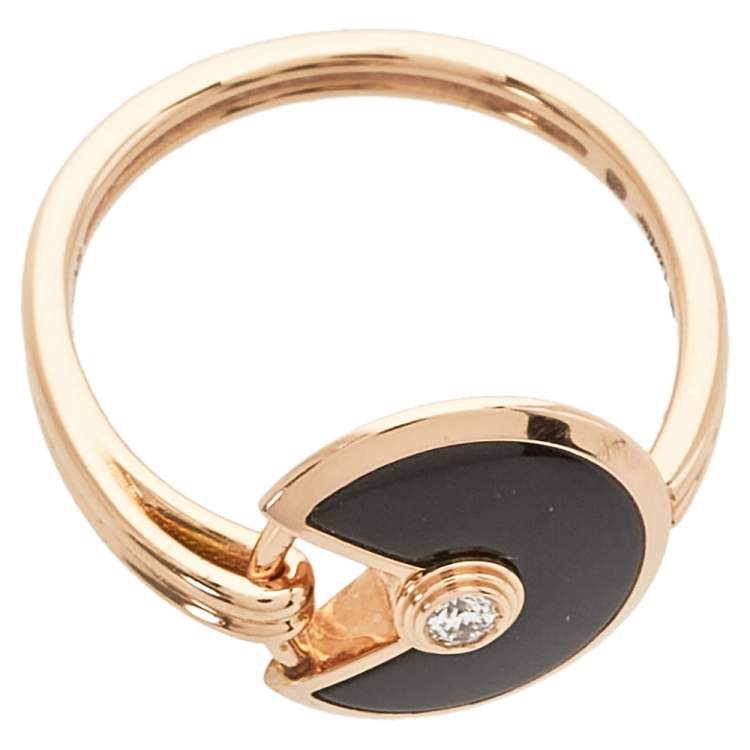 Pre Owned Cartier Amulette de Cartier Diamond Onyx 18K Rose Gold Ring Size 50