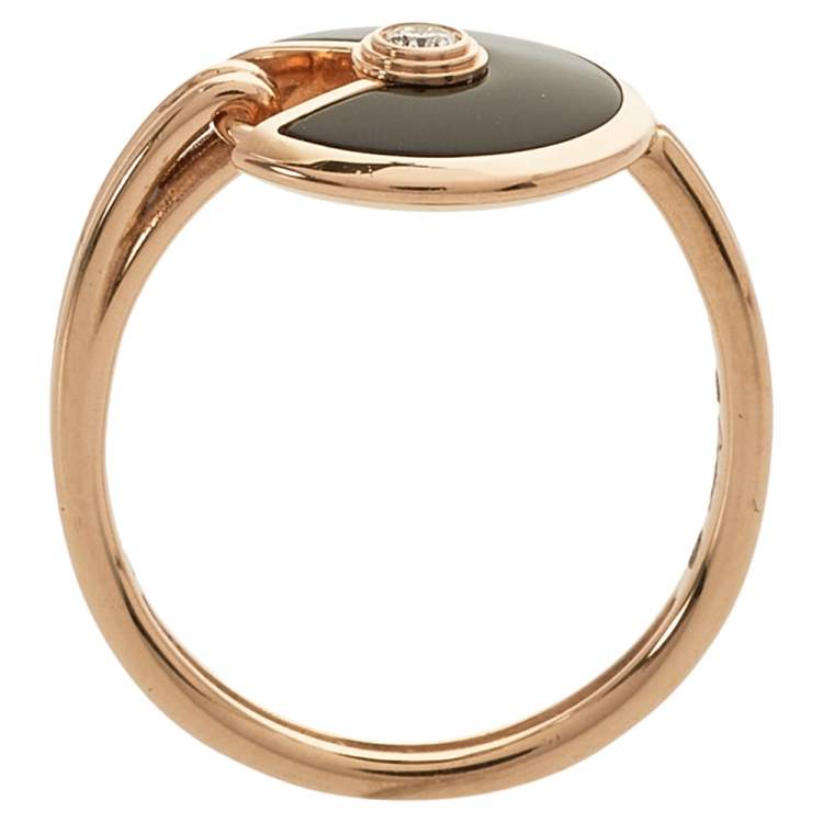 Pre Owned Cartier Amulette de Cartier Diamond Onyx 18K Rose Gold Ring Size 50