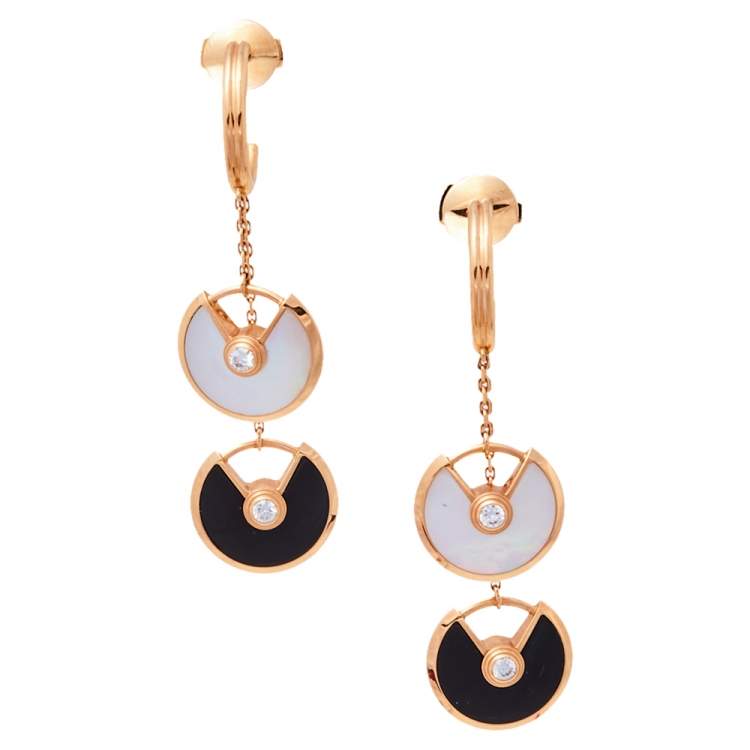 Pre Owned Cartier Amulette de Cartier Diamond Onyx Mother of Pearl 18K Rose Gold Earrings XS