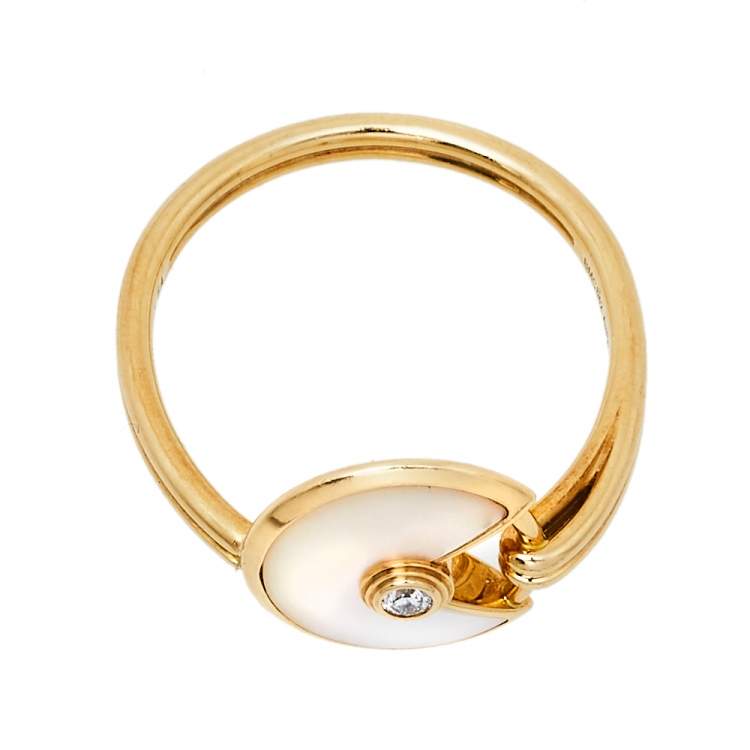 Pre Owned Cartier Amulette de Cartier Diamond Mother of Pearl 18K Yellow Gold Ring Size 54