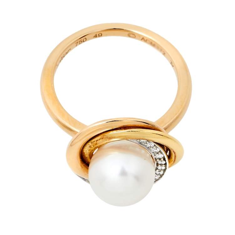 Pre Owned Cartier Trinity Cultured Pearl Diamond 18K Three Tone Gold Ring 49