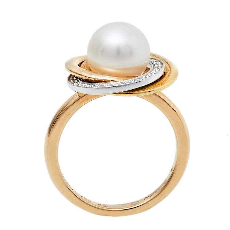 Pre Owned Cartier Trinity Cultured Pearl Diamond 18K Three Tone Gold Ring 49
