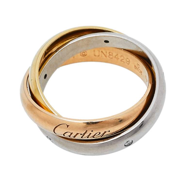 Pre Owned Cartier Trinity Diamond 18K Three Tone Gold Ring Size 51