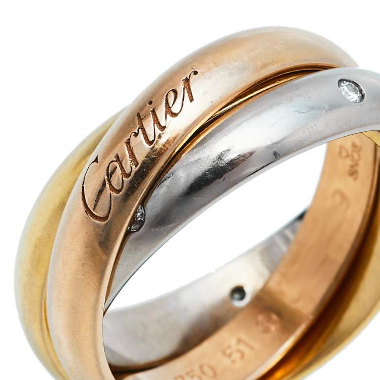 Pre Owned Cartier Trinity Diamond 18K Three Tone Gold Ring Size 51