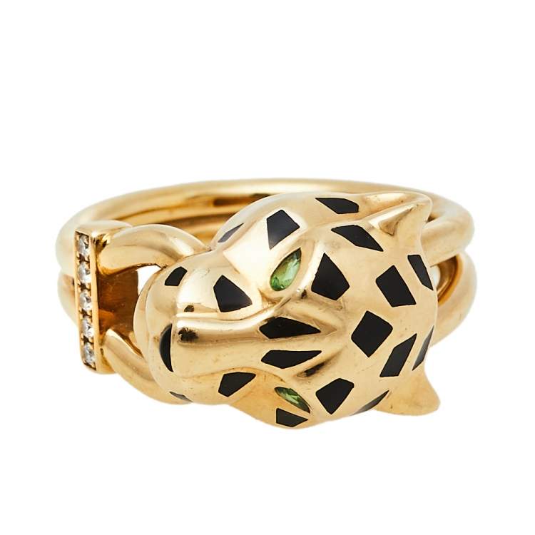 Pre Owned Cartier Panthere de Cartier Diamond Lacquer Garnet 18k Yellow Gold Ring Size 50