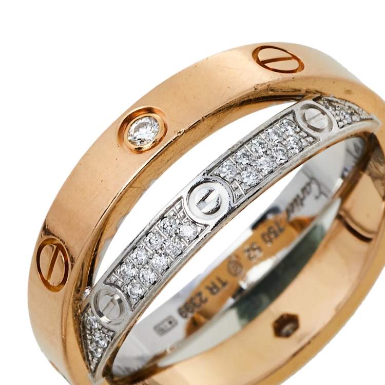 Pre Owned Cartier Love Diamond Paved 18K Two Tone Gold Ring Size 52