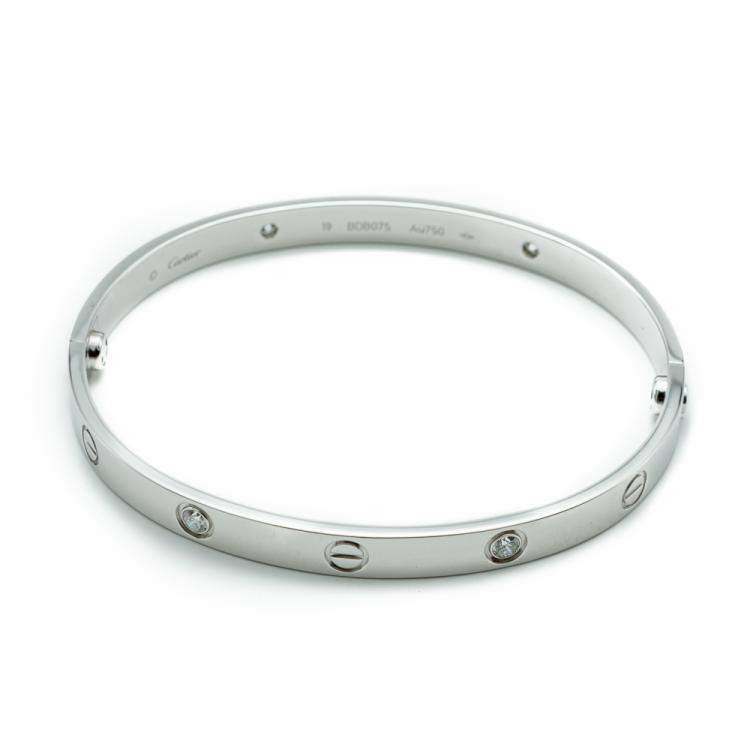 Pre Owned Cartier Love White Gold 4 Diamonds Bracelet Size 19