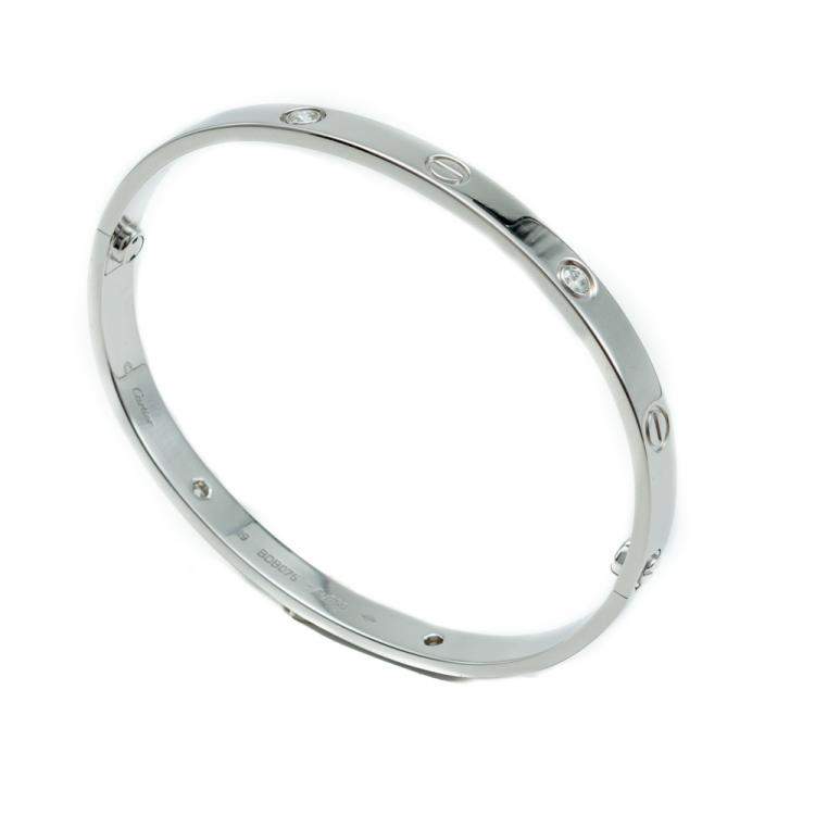 Pre Owned Cartier Love White Gold 4 Diamonds Bracelet Size 19