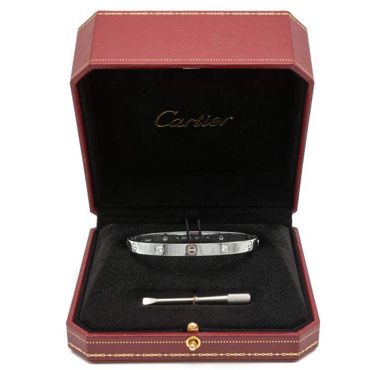 Pre Owned Cartier Love White Gold 4 Diamonds Bracelet Size 19