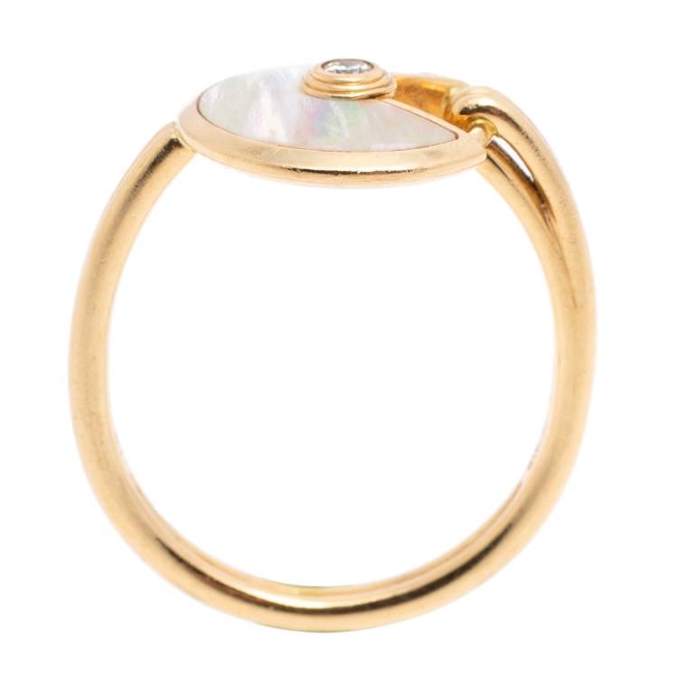 Pre Owned Cartier Amulette de Cartier Diamond Mother of Pearl 18K Yellow Gold Ring Size 51