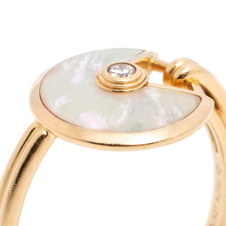 Pre Owned Cartier Amulette de Cartier Diamond Mother of Pearl 18K Yellow Gold Ring Size 51