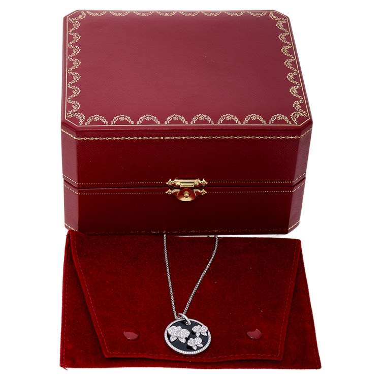 Pre Owned Cartier Caresse D'orchidées Onyx and Diamond 18K White Gold Round Pendant Necklace