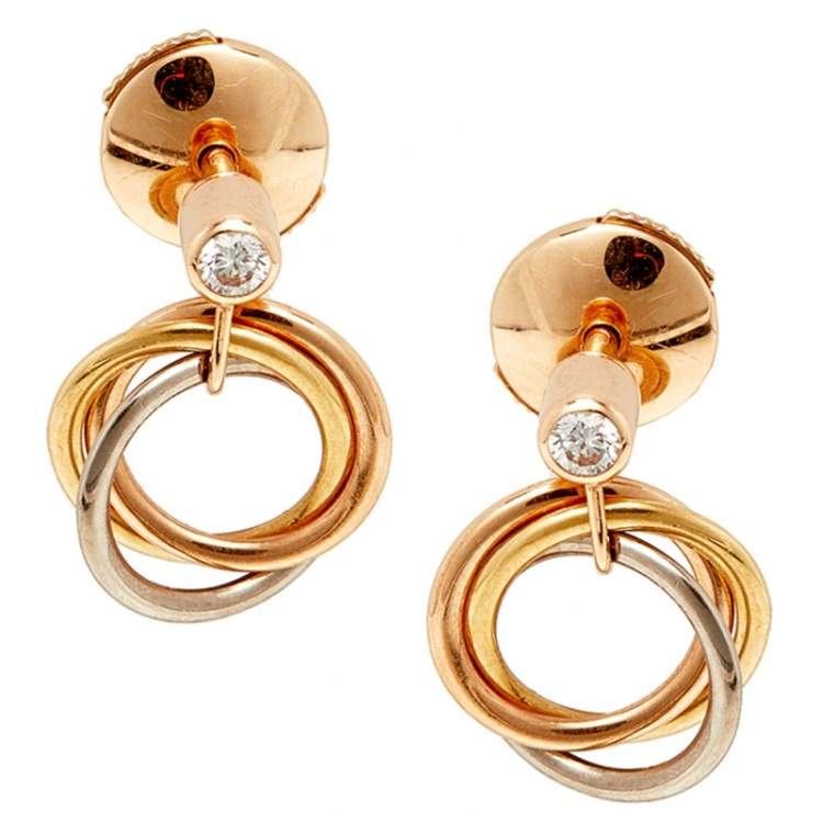 Pre Owned Cartier Trinity Diamond 18K Three Tone Gold Earrings
