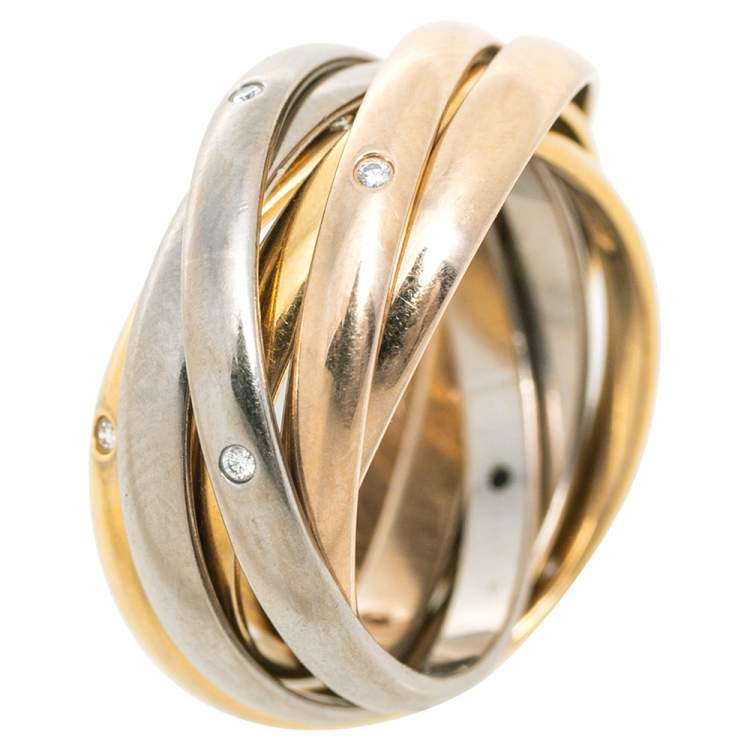 Pre Owned Cartier Trinity Diamond 6 Loop 18K Three Tone Gold Rolling Ring Size 54
